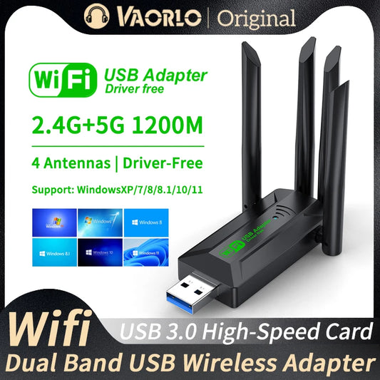 Shopdroplo VAORLO 1200Mbps USB WiFi Adapter – Dual Band 2.4G/5GHz Wireless Dongle with 4 Antennas & USB 3.0 for PC/Laptop